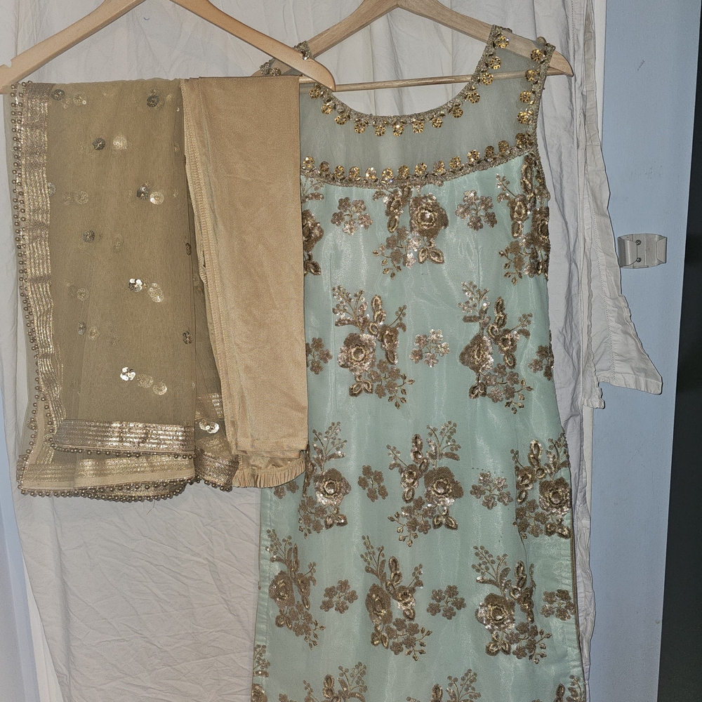 Indian Suit Embroidered Mint and Gold with Dupatta. Party Wear